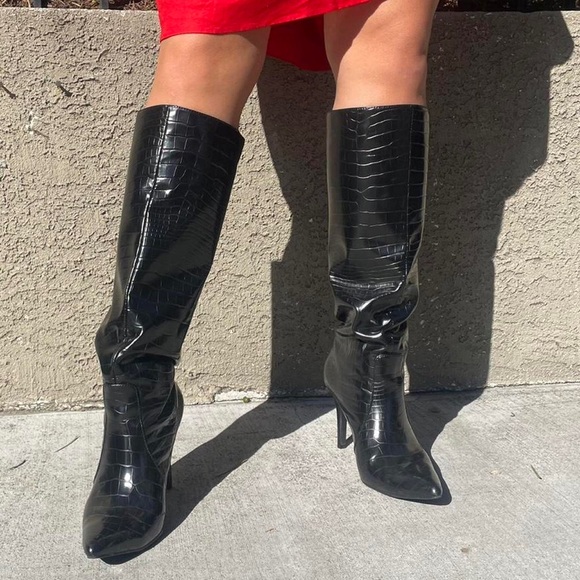 Black Faux Crocodile Knee-High Boots - Picture 3 of 3